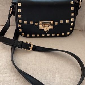 Black Gold Studded Faux Leather Handbag.